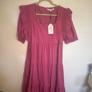 English factory Square neck ruffle smocked detail midi dress in berry